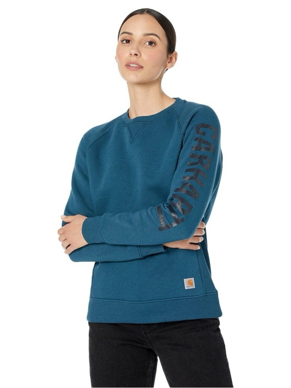 Carhartt Relaxed Fit Midweight Crewneck Block Logo Sleeve Graphic Teal Womens L